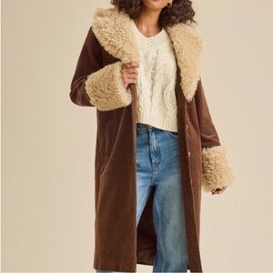 Altar'd State Brown Corduroy Trench Coat with Cream Shearling Trim